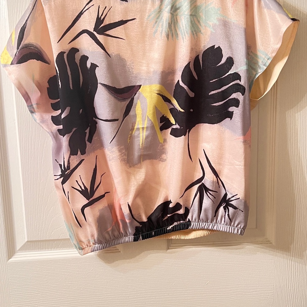 Pastel Tropical Print Blouse with Black Leaf Motif